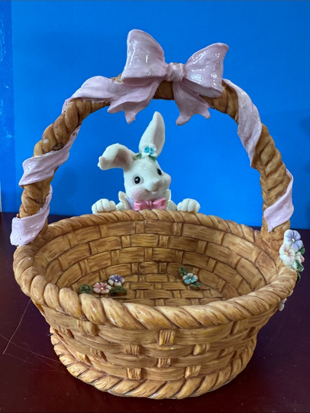 Decorative Bunny Basket Figurine in Pink - Cute Small Accent